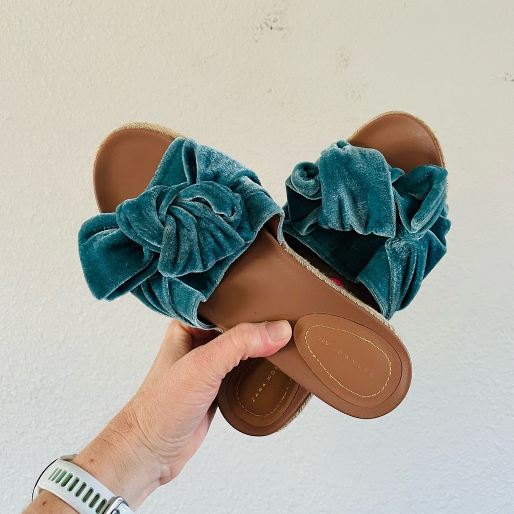 Zara Teal Velvet Knot Slide Sandals